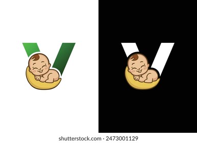 Creative simple logo design letter V baby sleep. Letter V logo with baby sleep icon template, Childcare design illustration.