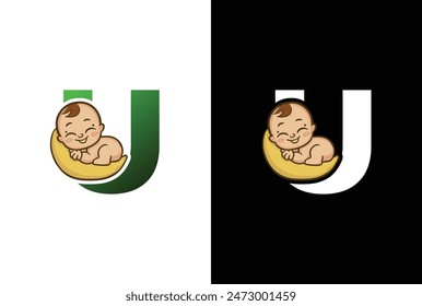 Creative simple logo design letter U baby sleep. Letter U logo with baby sleep icon template, Childcare design illustration.