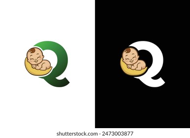 Creative simple logo design letter Q baby sleep. Letter Q logo with baby sleep icon template, Childcare design illustration.