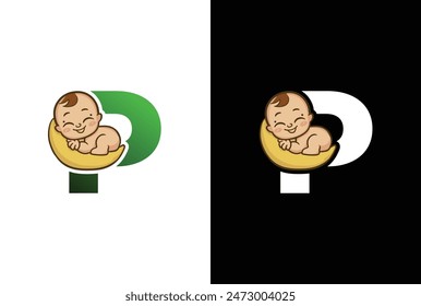 Creativo logotipo simple diseño letra P bebé sueño. Logo de la letra P con la Plantilla del ícono del sueño del bebé, ilustración del diseño del cuidado de niños.