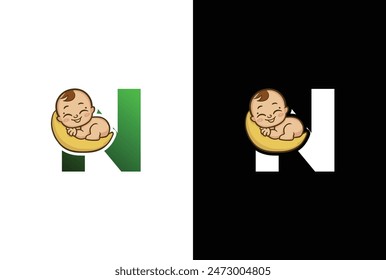 Creative simple logo design letter N baby sleep. Letter N logo with baby sleep icon template, Childcare design illustration.