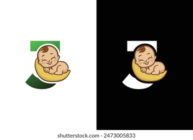 Creative simple logo design letter J baby sleep. Letter J logo with baby sleep icon template, Childcare design illustration.