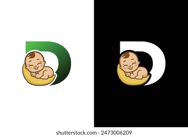 Creative simple logo design letter D baby sleep. Letter D logo with baby sleep icon template, Childcare design illustration.