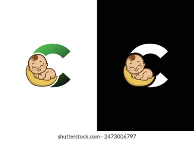 Creative simple logo design letter C baby sleep. Letter C logo with baby sleep icon template, Childcare design illustration.