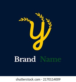 Creative simple logo yellow letter y grow branched leaves on dark blue background