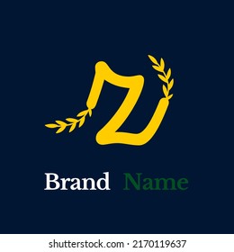 Creative simple logo yellow letter z grow branched leaves on dark blue background