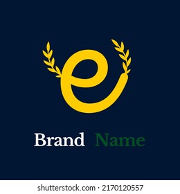 Creative simple logo yellow letter e grow branched leaves on dark blue background