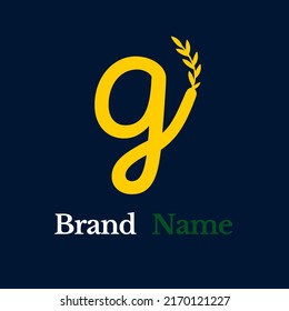 Logo simple creativo letra amarilla g cultivar hojas con fondo azul oscuro