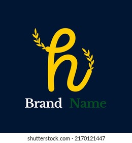Creative simple logo yellow letter h grow branched leaves on dark blue background