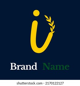 Logotipo simple creativo letra amarilla me ramifico hojas con fondo azul oscuro