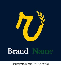 Creative simple logo yellow letter  r grow branched leaves on dark blue background