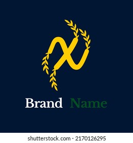 Creative simple logo yellow letter  x grow branched leaves on dark blue background