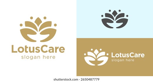 Creative simple lotus care logo template. Lotus flower with two hands symbol logo design vector illustration.