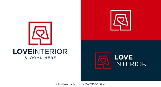 Creative simple love interior logo template. Night lamp with love shape symbol, Furniture logo design vector illustration.