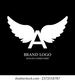 Creativo logotipo de señalización de la mosca del Ángel Simple, logotipo de la inscripción del Ángel Vector, alas del Ángel. Resumen del diseño del logo del hombre volador. letra A con el logotipo de las alas.diseño de camisetas