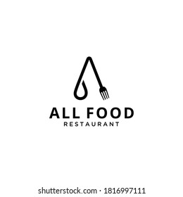 Moderno y creativo tenedor de restaurante con cuchara y plantilla de diseño con logotipo de signo A.