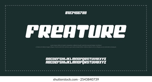 Fonte criativa simples do alfabeto urbano moderno. Abstrato digital futurista, logotipo, música, esporte, tipografia de tecnologia mínima. Ilustração de vetor numérico simples