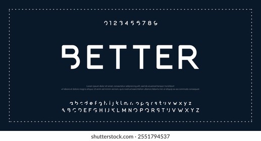 Fonte criativa simples do alfabeto urbano moderno. Abstrato digital futurista, logotipo, música, esporte, tipografia de tecnologia mínima. Ilustração de vetor numérico simples