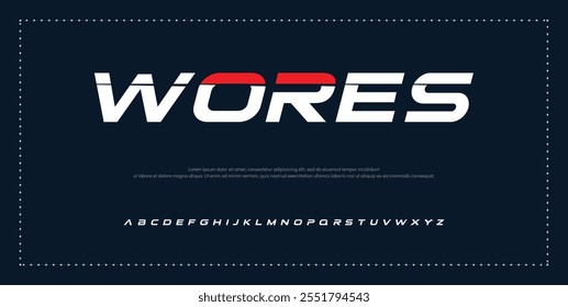 Fonte criativa simples do alfabeto urbano moderno. Abstrato digital futurista, logotipo, música, esporte, tipografia de tecnologia mínima. Ilustração de vetor numérico simples