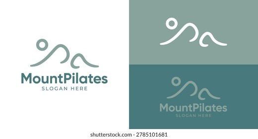Creative simple mount pilates logo template. Abstract people with nature mountain logo design vector illustration.