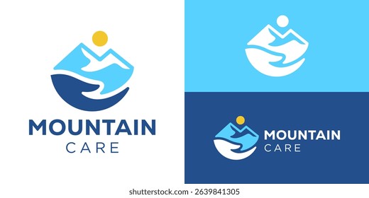 Creative simple mountain care logo template. Hand with mountain for Sustainable nature logo design vector illustration.