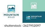 Creative simple mountain hills logo template. Mountain hills peak summit with square shape. Lanscape logo design vector illustration.