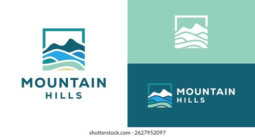 Creative simple mountain hills logo template. Mountain hills peak summit with square shape. Lanscape logo design vector illustration.