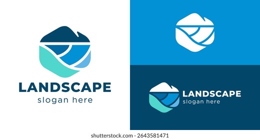 Creative simple mountain hills logo template. Mountain hills peak summit wave river lake, Landscape logo design vector illustration.