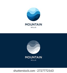 Plantilla creativa del logotipo de las colinas montañosas simples. Cumbre del pico de las colinas de montaña con forma de círculo. Ilustración vectorial de diseño de logotipo de paisaje.