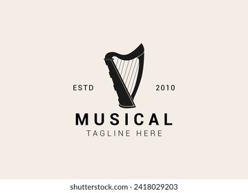 Creative and simple musical instrument logo. Harp logo design vector illustration