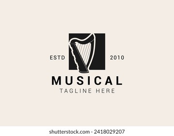 Creative and simple musical instrument logo. Harp logo design vector illustration