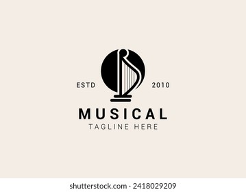 Creative and simple musical instrument logo. Harp logo design vector illustration