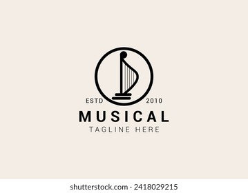 Creative and simple musical instrument logo. Harp logo design vector illustration