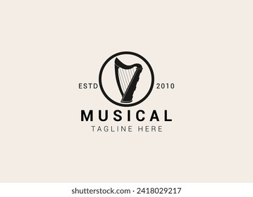 Creative and simple musical instrument logo. Harp logo design vector illustration