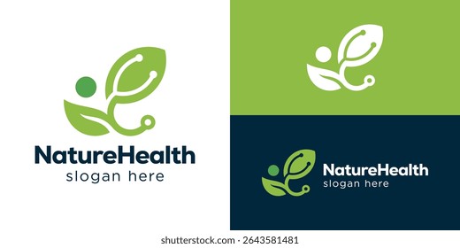 Creative simple nature care logo template. Stethoscope with leaf for Medical clinic logo design vector illustration.