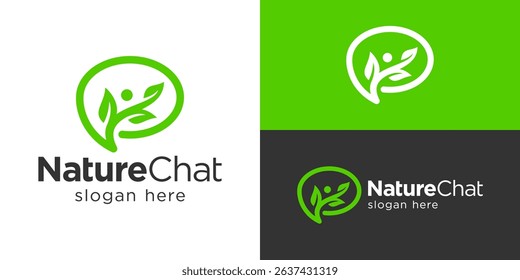 Creative simple nature chat logo template. Bubble chat with tree leaf for Eco talk logo design vector illustration.