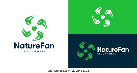 Creative simple nature fan logo template. Leaf fan turbine logo design vector illustration.