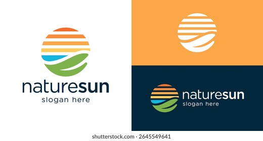Plantilla creativa simple del logotipo del sol de la naturaleza. Hoja con Ilustración vectorial de diseño de logotipo solar.