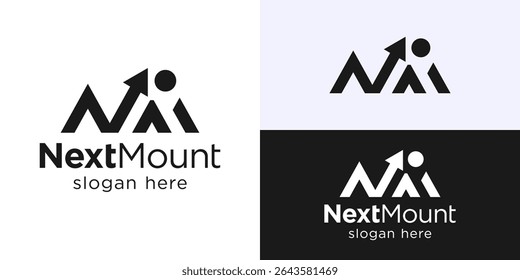 Creative simple next mount logo template. Abstract Letter NM and mountain with arrow up logo design vector illustration.