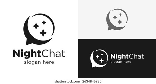 Creative simple night chat logo template. Abstract bubble chat with crescent for Moon talk logo design vector illustration.