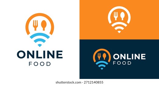 Plantilla de logotipo de comida en línea simple y creativa. Ubicación del punto del mapa con tenedor de cuchara y señal wifi para la Ilustración vectorial de diseño de logotipo de comida local.