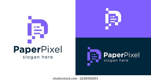 Creative simple paper pixel logo template. Abstract letter P and document file digital logo design vector illustration.