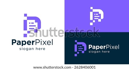 Creative simple paper pixel logo template. Abstract letter P and document file digital logo design vector illustration.