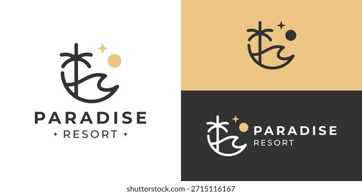 Plantilla creativa del logotipo del complejo del paraíso simple. Ilustración vectorial de diseño de logotipo de isla tropical.