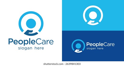 Creative simple people care logo template. Abstract hand with people, person, human logo design vector illustration.