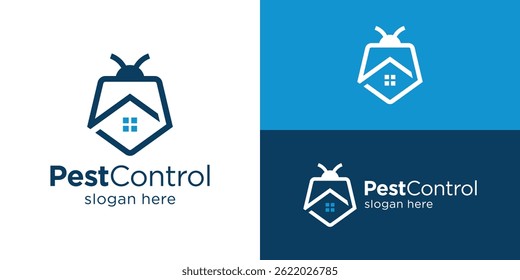 Creative simple pest control logo template. Abstract shield, home and insects symbol. Logo for home pest control service. 