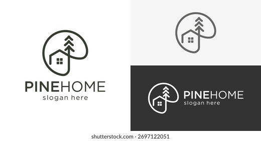 Kreative einfache Kiefer Home-Logo-Vorlage. Kiefer Baum mit Haus Hütte Logo Design Vektorgrafik.