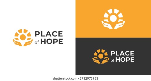 Plantilla creativa del logotipo del lugar simple de la esperanza. Dos manos con ubicación solar y espacio negativo, mapa, Ilustración vectorial de diseño de logotipo de punto.