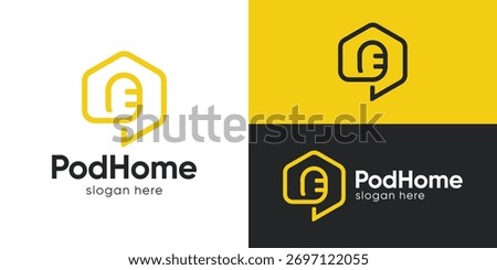 Creative simple pod home logo template. Podcast symbol with home and bubble chat, interview house logo design vector illustration.