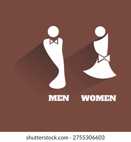 Creative and simple restroom sign for men and women: Modern abstract gender symbol with long shadow. A stylish and creative restroom sign with abstract white portraits for men and women on a brown background. This design uses elegant shapes with bow-tie and clothing motifs, along with a modern long-shadow effect, suitable for high-end hospitality or restaurant interior decoration.